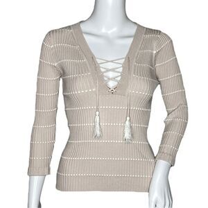 Heartloom Sweater Women XS Buff Beige Lace Up Ribbed Knit Tassel Tie Boho Casual